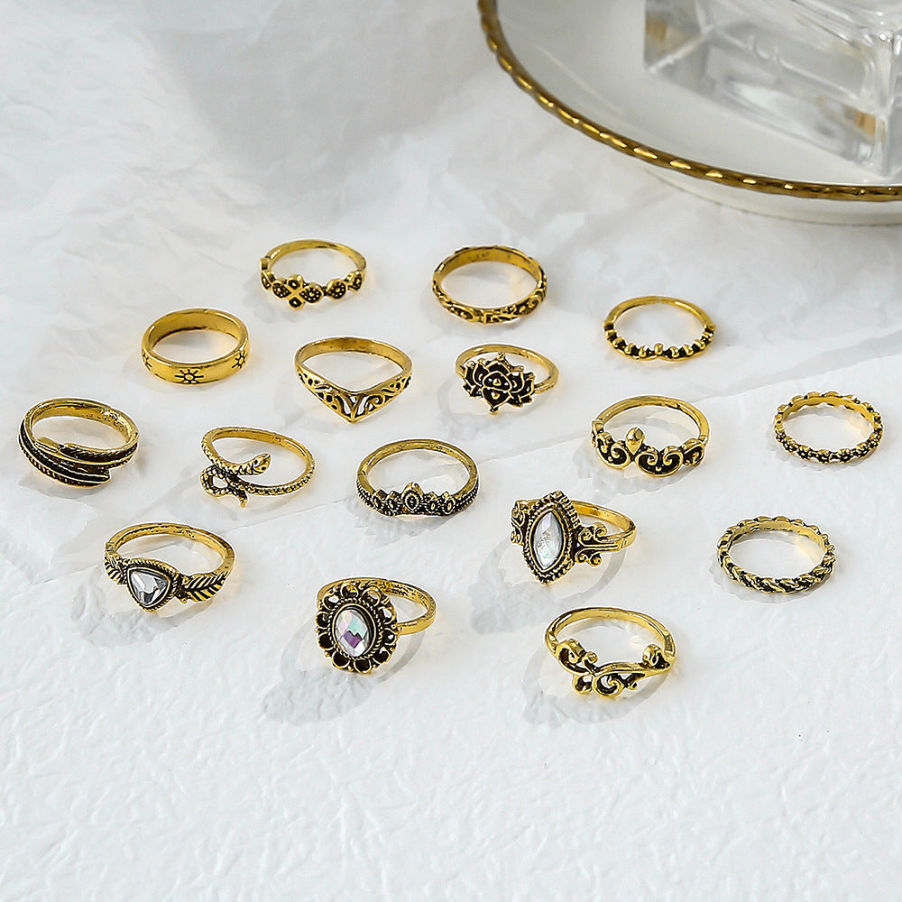 Wholesale 16pcs Retro Exaggerated Hollow Carved Snake Feather Gemstone Ring